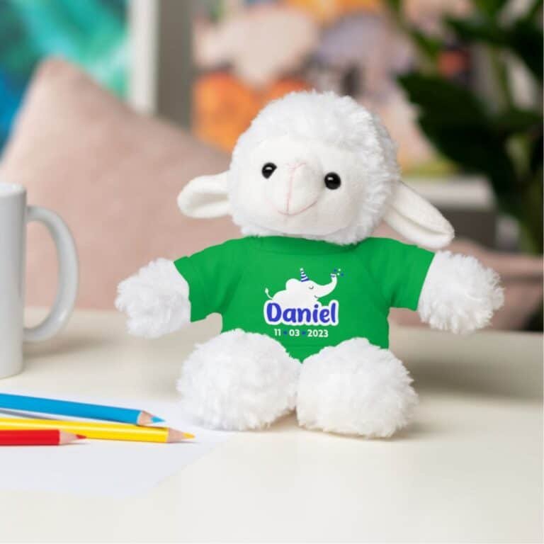 Name birth announcement stuffed animal in green featuring baby's name and date of birth