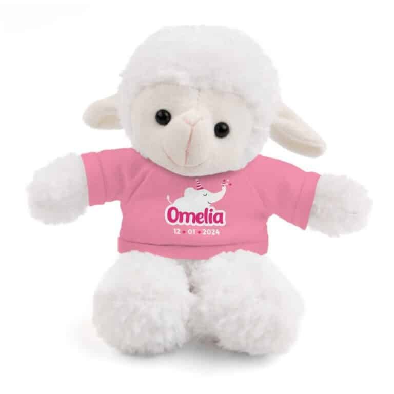 Personalized birth announcement stuffed animal in pink, set against a white background
