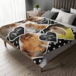 Personalized dog memorial blanket featuring pet photos in black, displayed flat on a bed