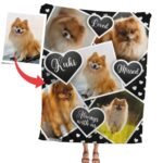 Personalized dog memorial blanket featuring pet photos in black on a white background