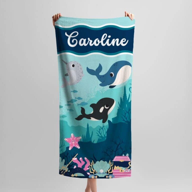 Personalized kids' beach towel with a custom girl's name