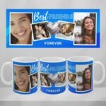 Custom mugs with images of friends and a heart, royal blue background