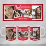 Custom mugs with images of friends and a heart, red background