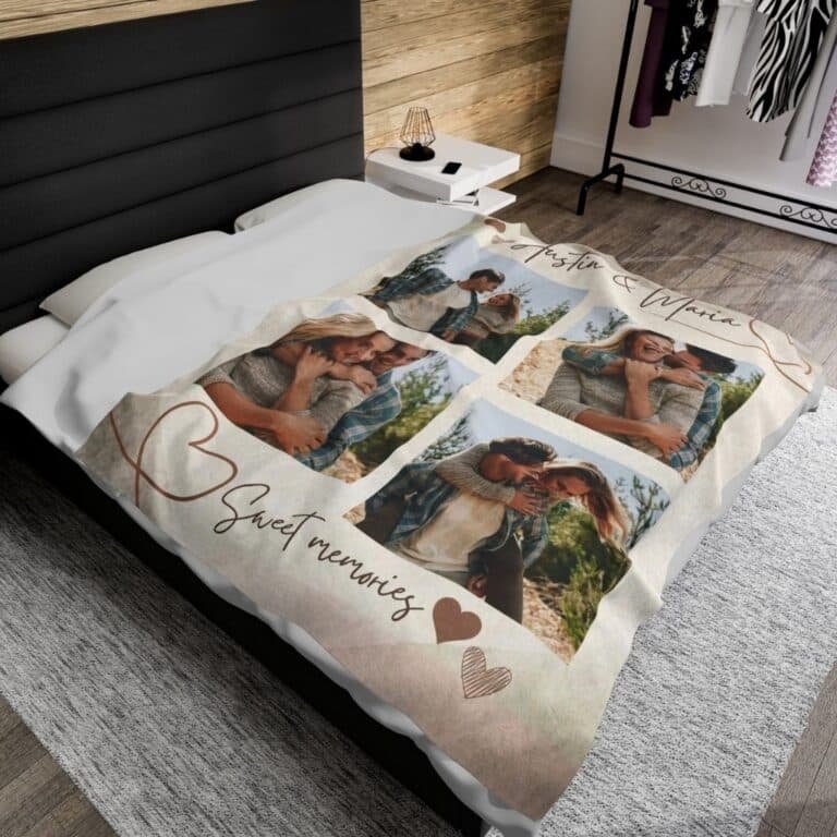 Plush photo blanket displayed on a queen-size bed, showcasing a soft and cozy design with a personalized photo print for a warm, personalized touch