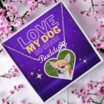 Stainless steel dog name and paw print necklace with dog photo, featuring a purple background and presented in a standard gift box