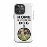Custom pet phone case for iPhone in white, featuring a close-up of a personalized pet photo and name