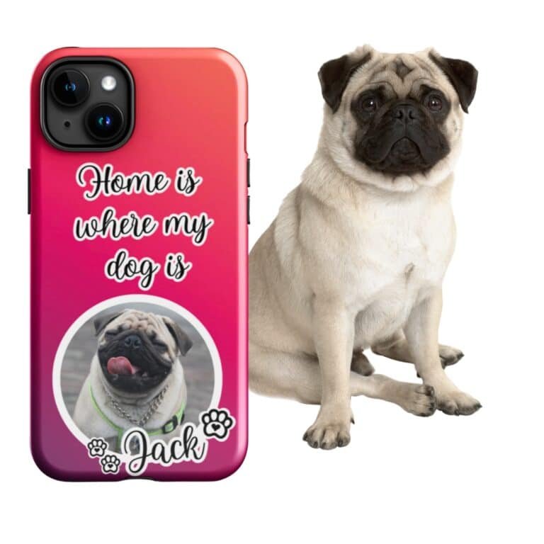Personalized dog phone case featuring a custom dog photo and name with the phrase "Home Is Where My Dog Is," Style 1, designed for dog lovers