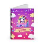 Personalized unicorn notebook for girls with a name on the front, featuring a colorful unicorn design