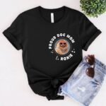 Black unisex t-shirt with "Proud Dog Mom to + Dog's Name" design, personalized with a custom pet portrait, perfect gift for new dog owners.