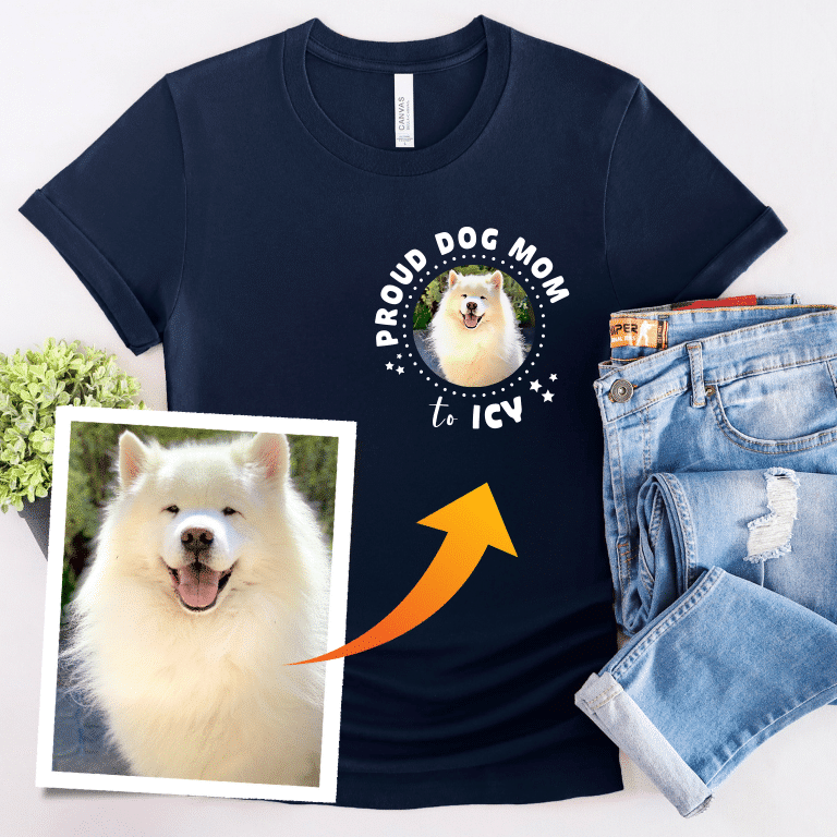 Navy unisex t-shirt featuring a custom pet portrait design, ideal gift for new dog owners and pet lovers