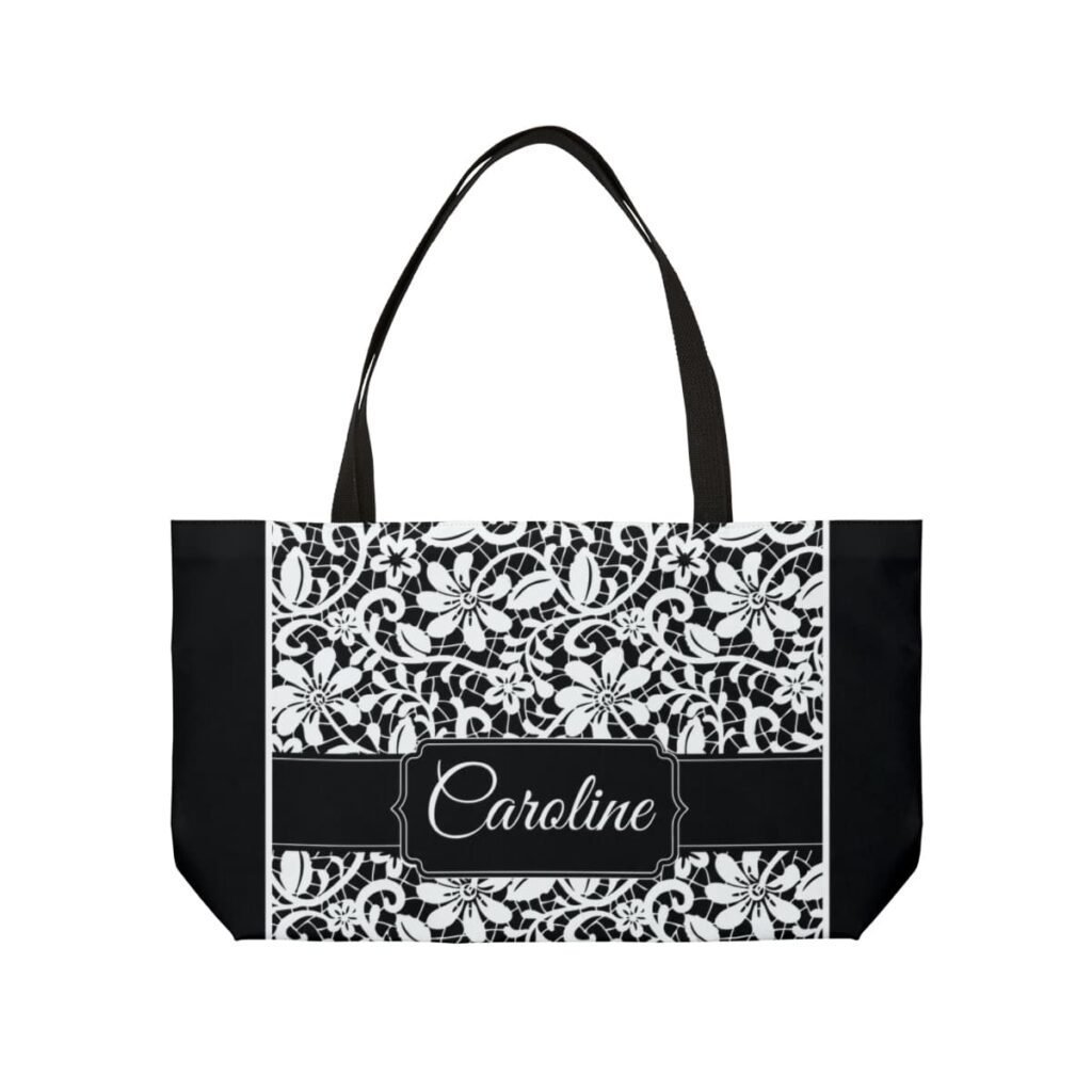 Close-up view of a custom name personalized tote bag for her, featuring elegant font and stylish design in Style 1