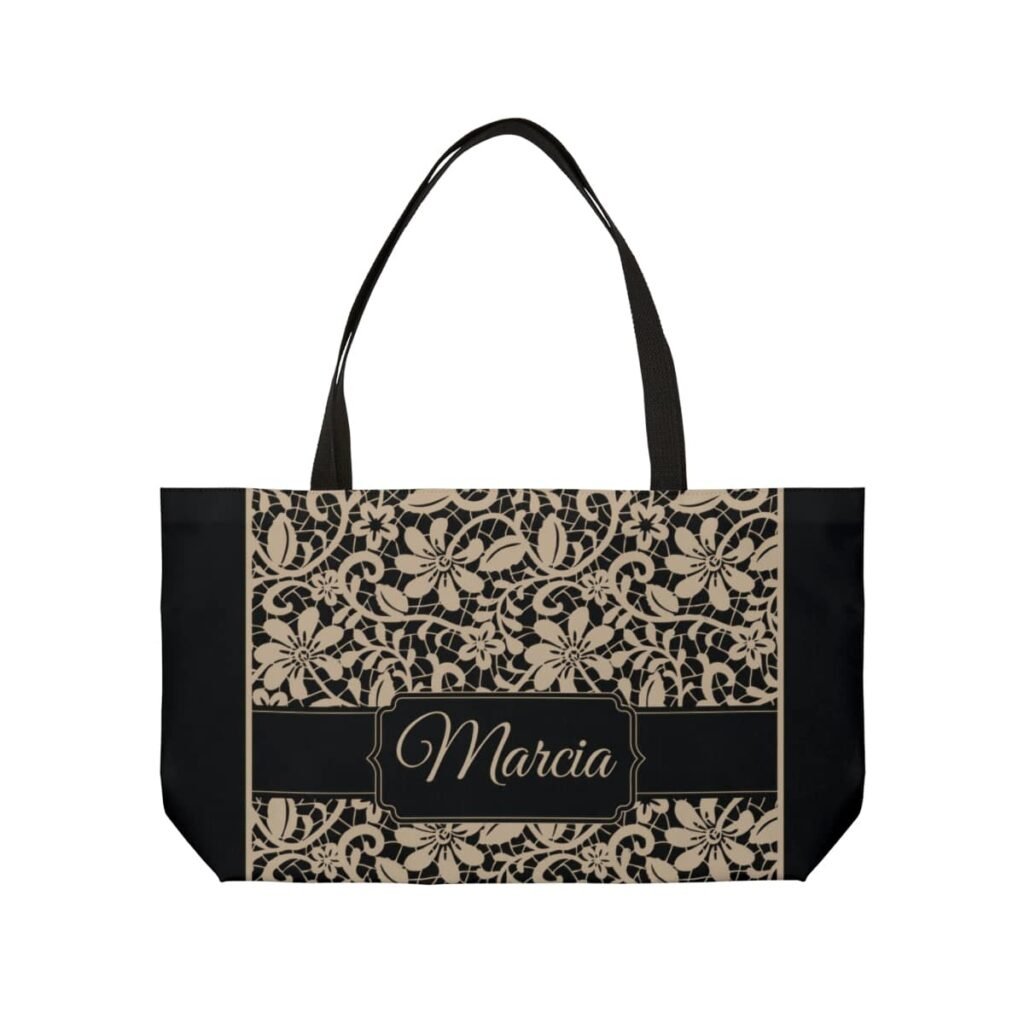 Close-up view of a custom name personalized tote bag for her, featuring elegant font and stylish design in Style 2