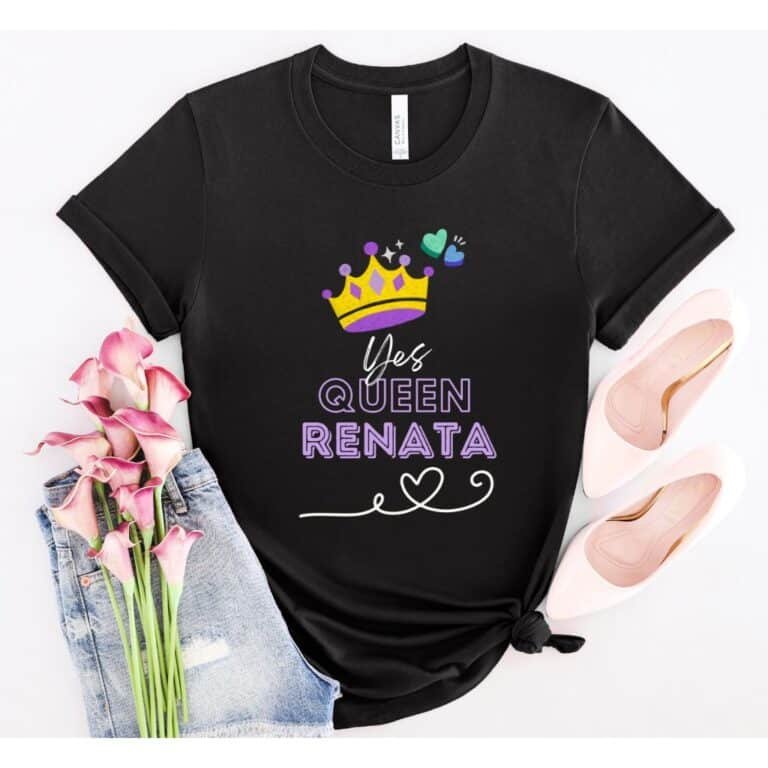 Custom name shirt for her "Yes, Queen + [Name] in black, shown laid flat