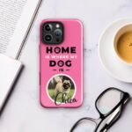 Custom pet phone case for iPhone in brilliant rose color, featuring a personalized pet photo and name