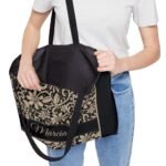 Personalized golden-black tote bag, shown open