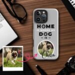 iPhone pet phone case in silver color, personalized with a pet photo and name, ideal for pet owners