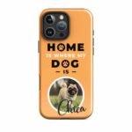 iPhone pet phone case in Texas Rose color, customized with a pet photo and name, perfect for pet lovers