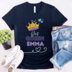 Navy blue custom name shirt – "Yes, Queen + [Name]" – featuring a personalized text design, shown laid flat