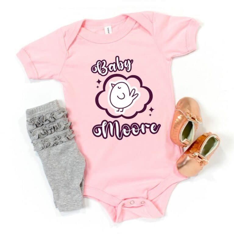 personalized bodysuit in pink with a cute bird graphic and custom baby's name