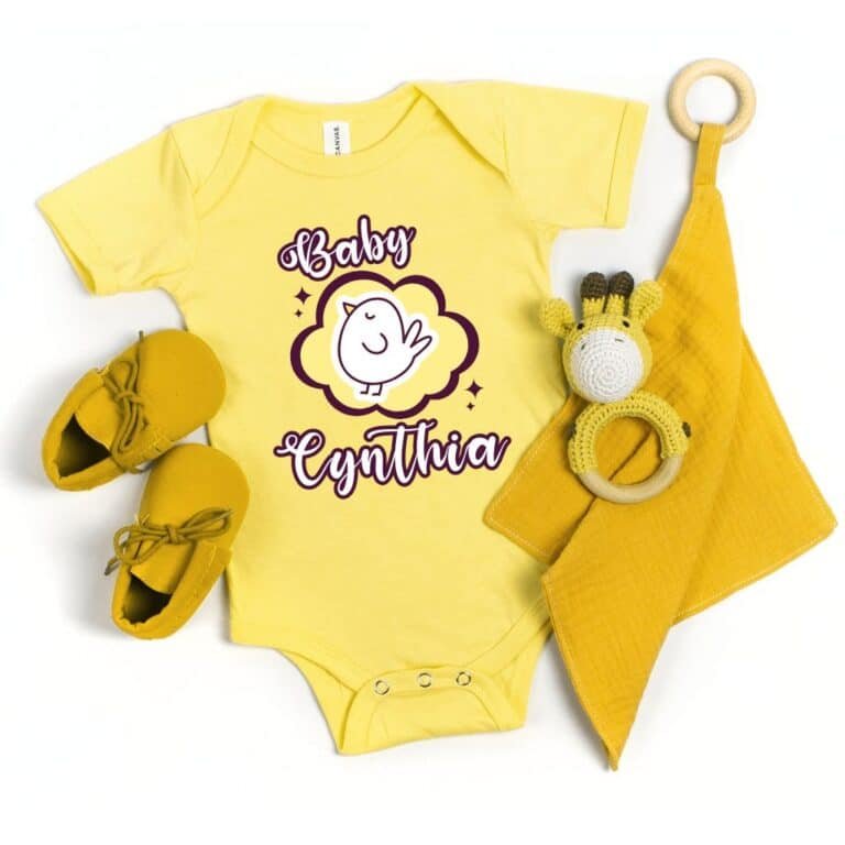 Custom baby name bodysuit in yellow with a cute bird graphic, sizes up to 24 months