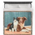Personalized woven pet photo blanket in landscape layout featuring a cat and a dog