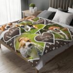 brown personalized dog memorial blanket with pet photo collage shown on a bed