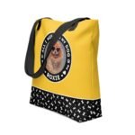 Personalized pet portrait bag in yellow color, side view, featuring a custom dog portrait and the phrase "All I Need Is My Dog," perfect for dog lovers who want a stylish and meaningful accessory.