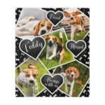 Pet memory blanket in black, 50x60in, featuring a pet photo collage on a beautiful background with a bone pattern