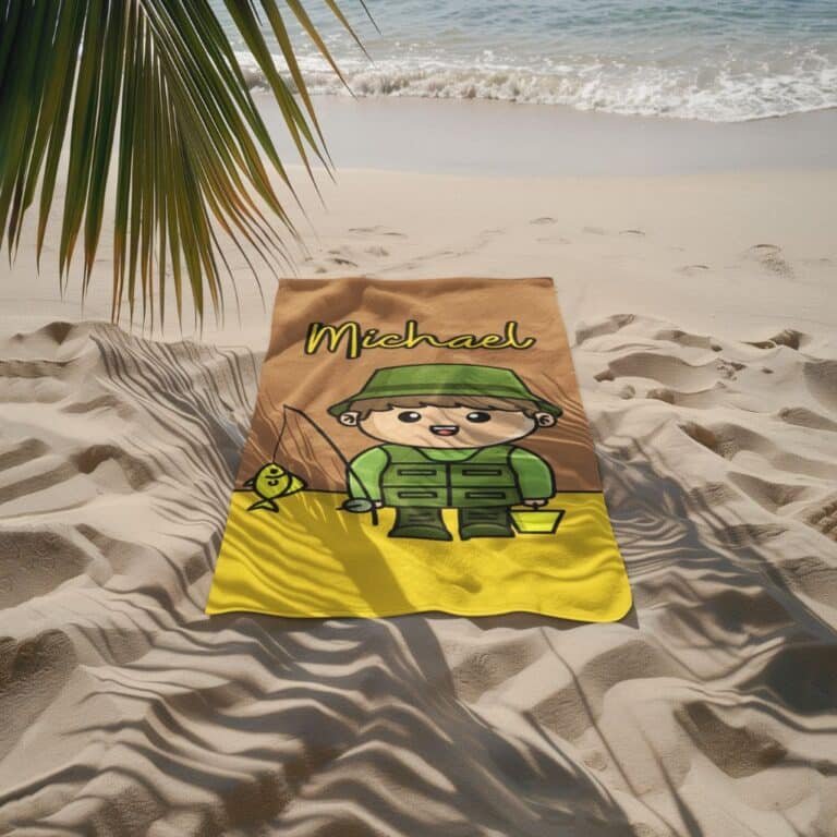Custom brown fisherman beach towel featuring a fishing design and personalized with the name "Michael"