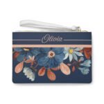 Close-up view of custom floral clutch purse featuring a personalized name on the front, detailed stitching, and a vibrant flower background