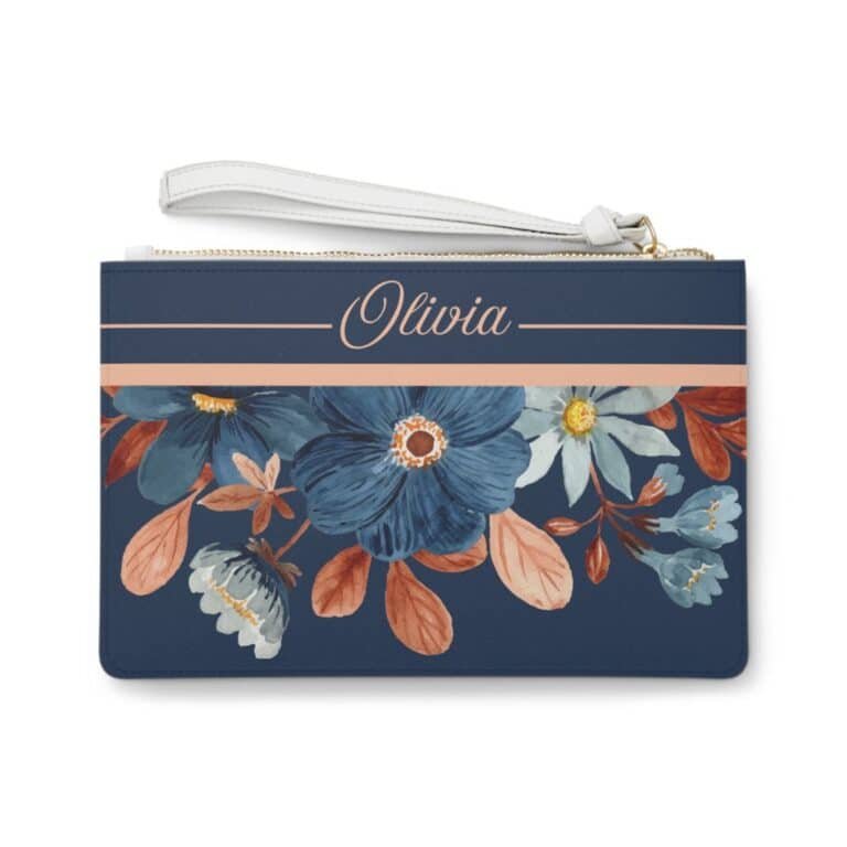 Close-up view of custom floral clutch purse featuring a personalized name on the front, detailed stitching, and a vibrant flower background