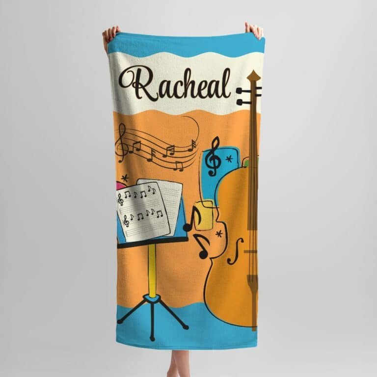 Personalized music-themed towel featuring musical notes and a custom name printed on it, perfect gift for musician