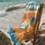 Personalized music-themed towel with custom name draped over a wooden chair, featuring musical notes design – ideal gift for musicians