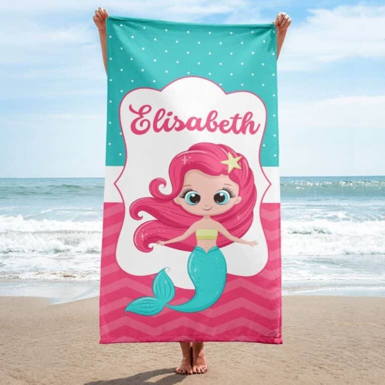 Woman holding custom name mermaid towel for girls – colorful towel featuring a whimsical mermaid design and personalized name, perfect for beach days or poolside fun