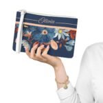 Woman holding a personalized clutch purse with a floral background – features elegant flower pattern and custom name, perfect for weddings, parties, or gifts for her