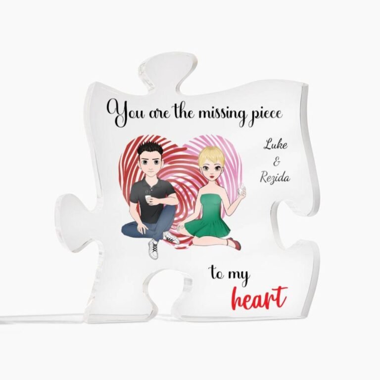 Personalized acrylic puzzle plaque with custom couple names and “You are the missing piece” design