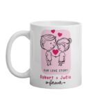 Personalized couple mug with custom names and romantic Our Love Story design