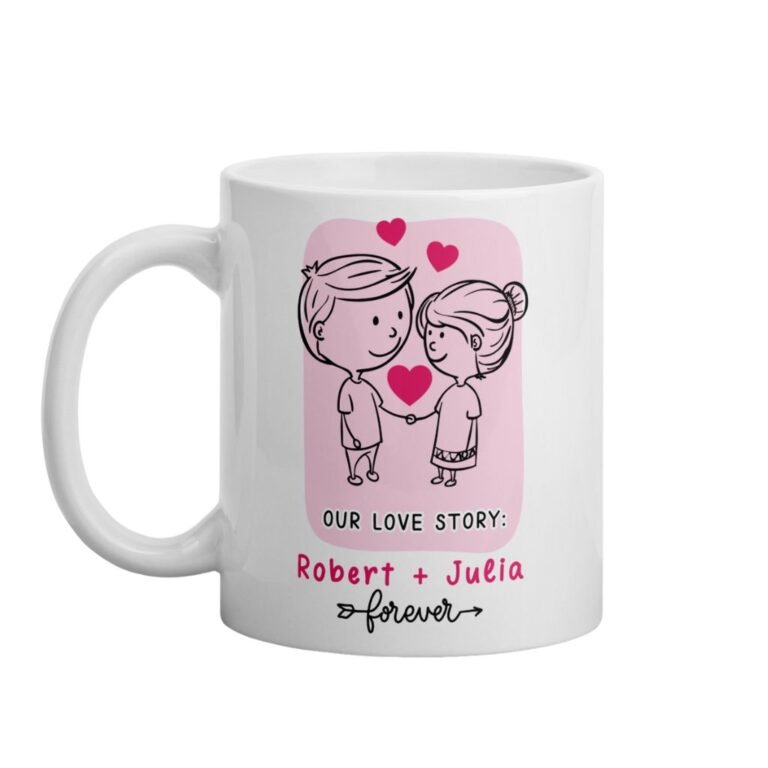 Personalized couple mug with custom names and romantic Our Love Story design